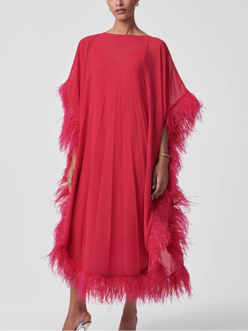 Trina Turk Coral Ostrich Feather-Trim Caftan Dress